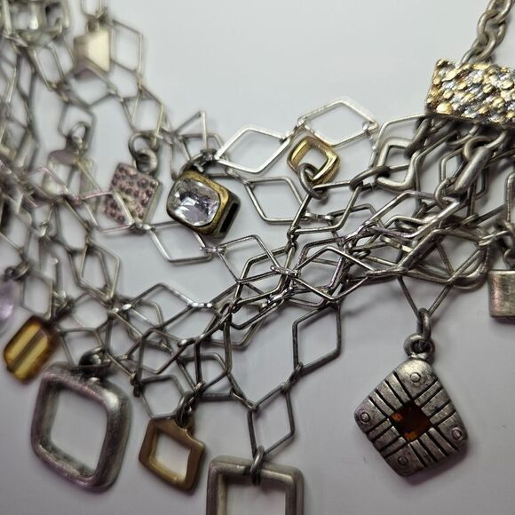 Vintage Chico's Multi-Strand Rhinestone Charm Chunky Silver Tone Necklace - Picture 3 of 9